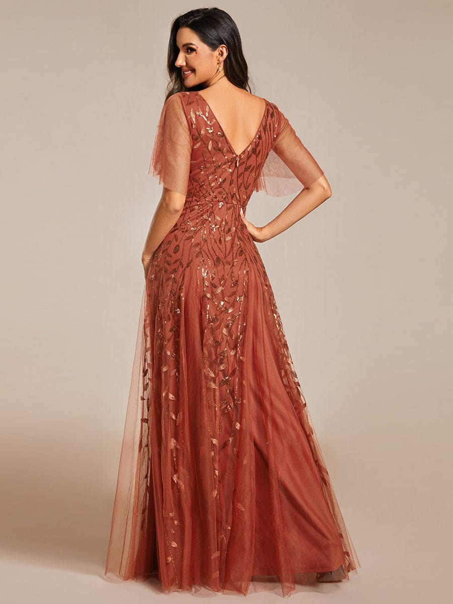Romantic Shimmery V Neck Ruffle Sleeves Maxi Long Evening Gowns #color_Burnt Orange