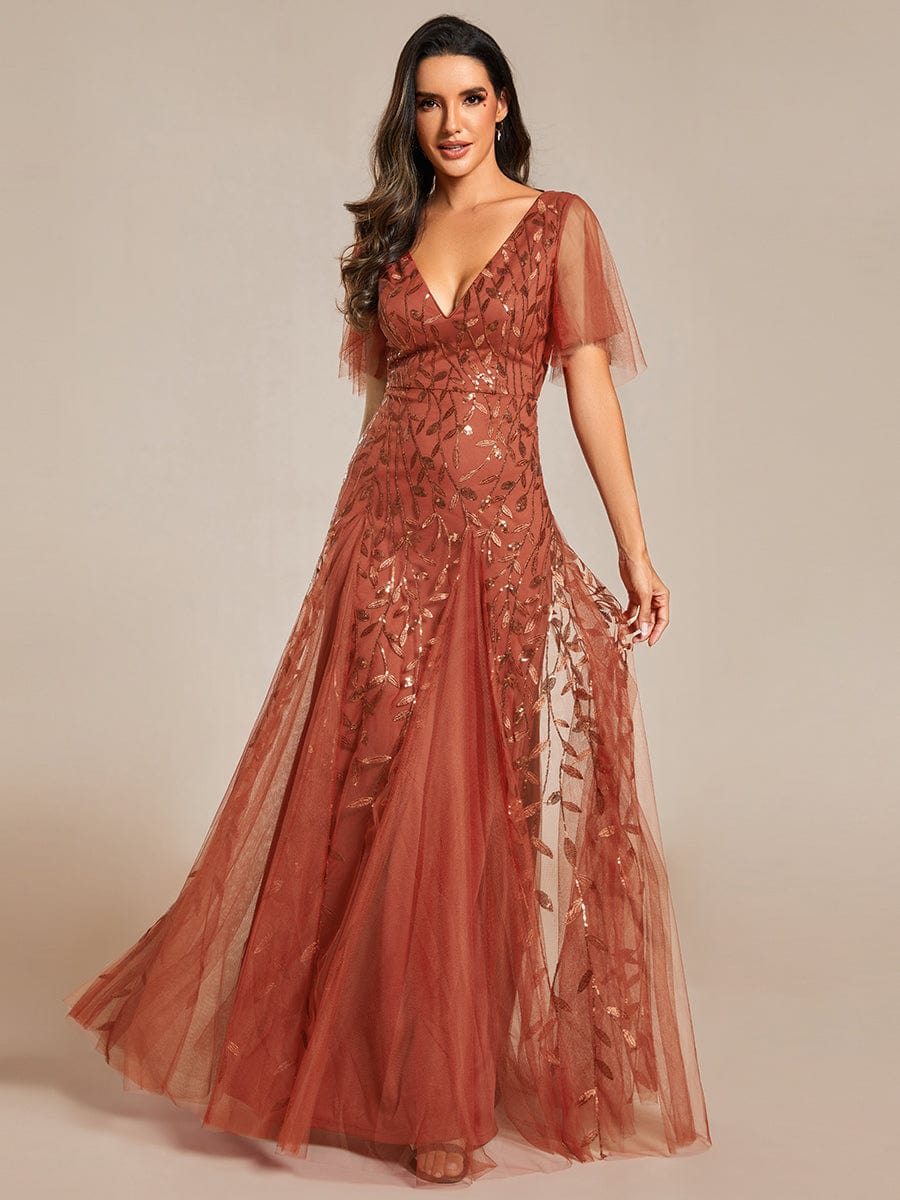 Custom Size Romantic Shimmery V Neck Ruffle Sleeves Maxi Long Evening Gowns #color_Burnt Orange