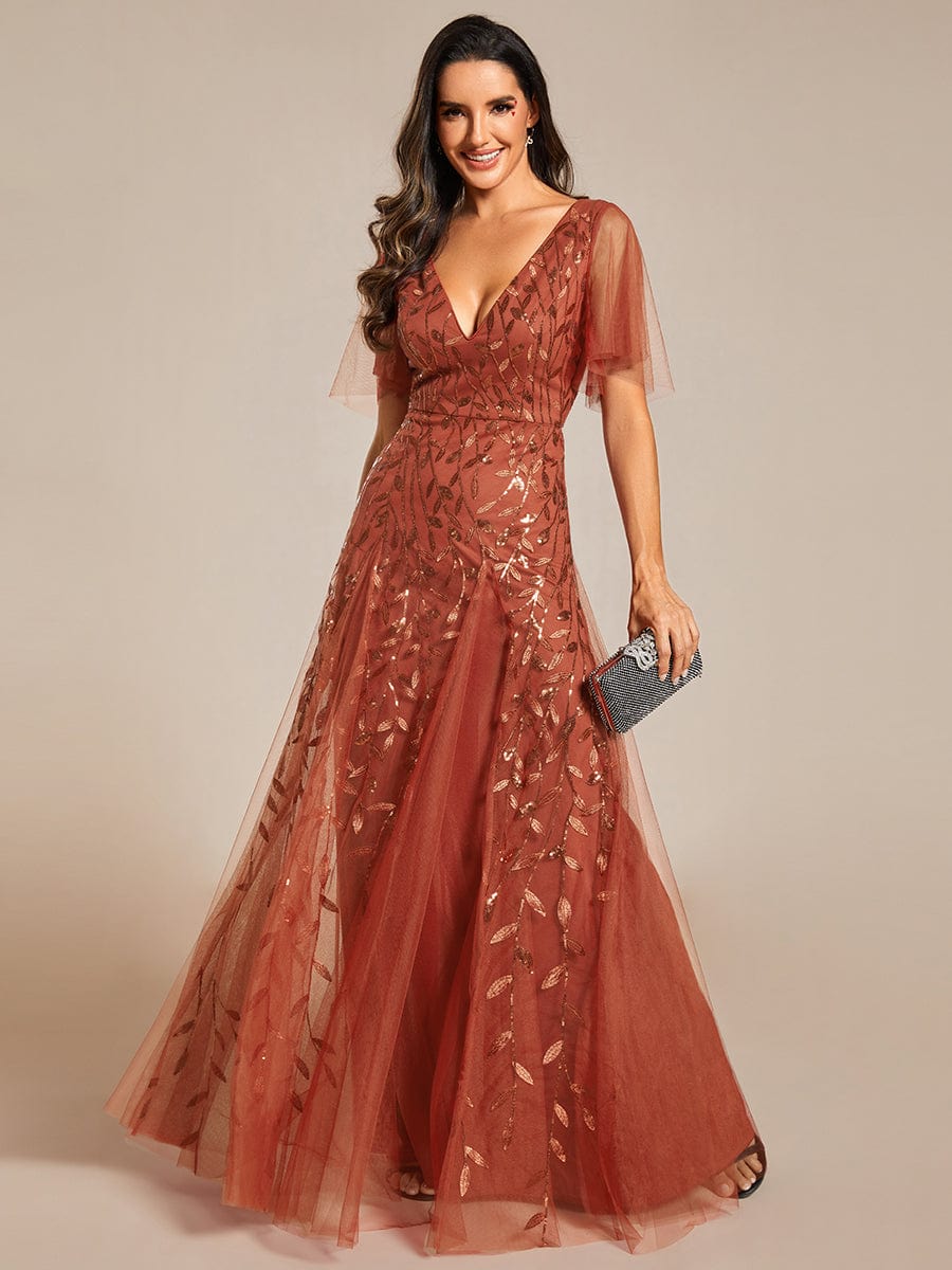 Custom Size Romantic Shimmery V Neck Ruffle Sleeves Maxi Long Evening Gowns #color_Burnt Orange