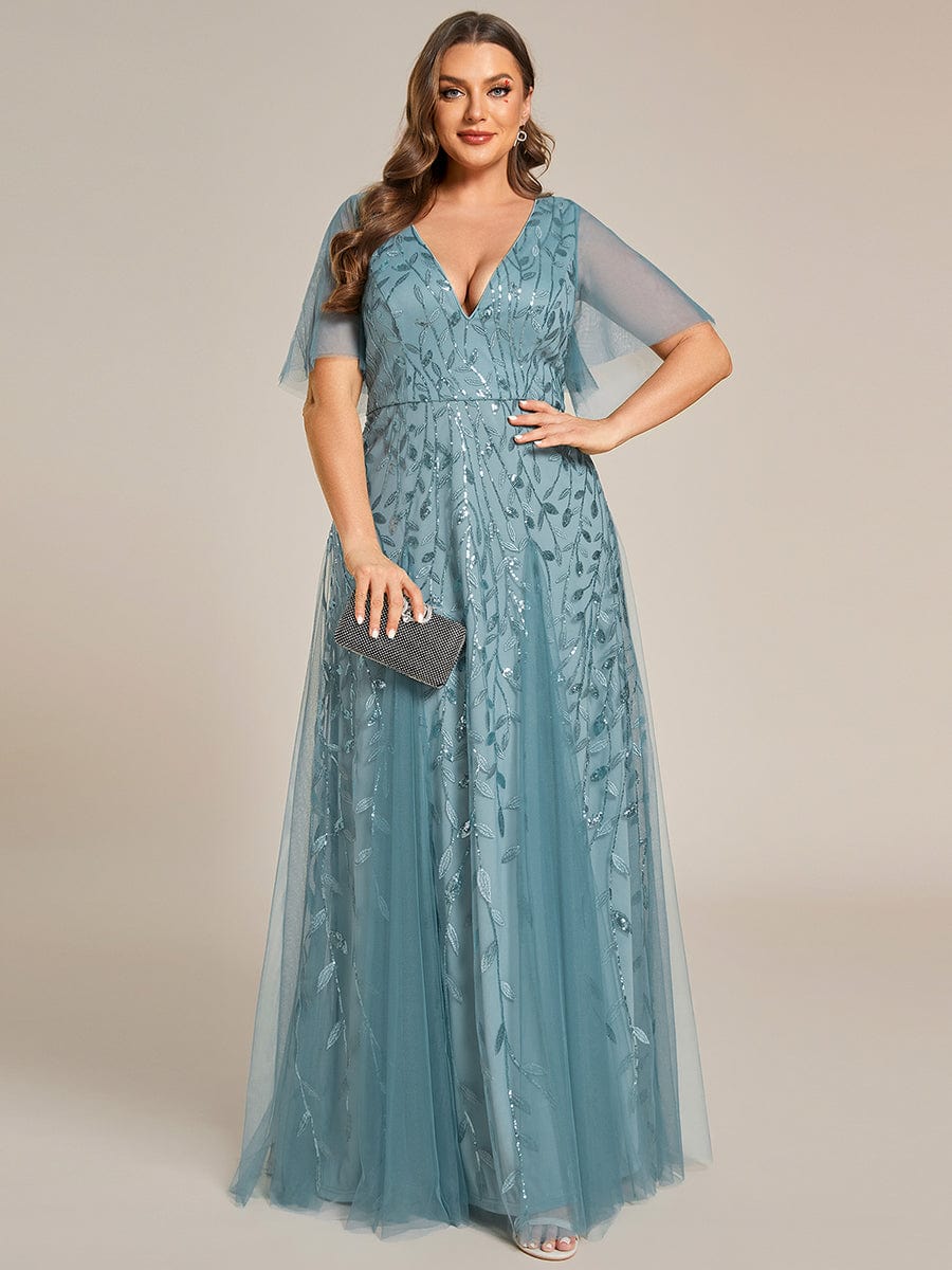 Custom Size Romantic Shimmery V Neck Ruffle Sleeves Maxi Long Evening Gowns #color_Dusty blue