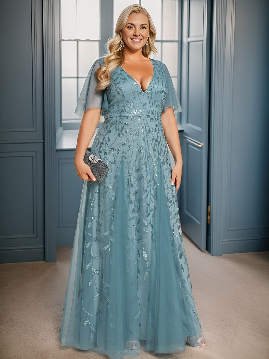 Custom Size Romantic Shimmery V Neck Ruffle Sleeves Maxi Long Evening Gowns #color_Dusty blue