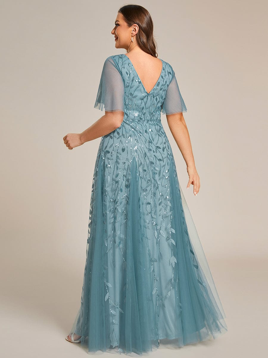 Custom Size Romantic Shimmery V Neck Ruffle Sleeves Maxi Long Evening Gowns #color_Dusty blue