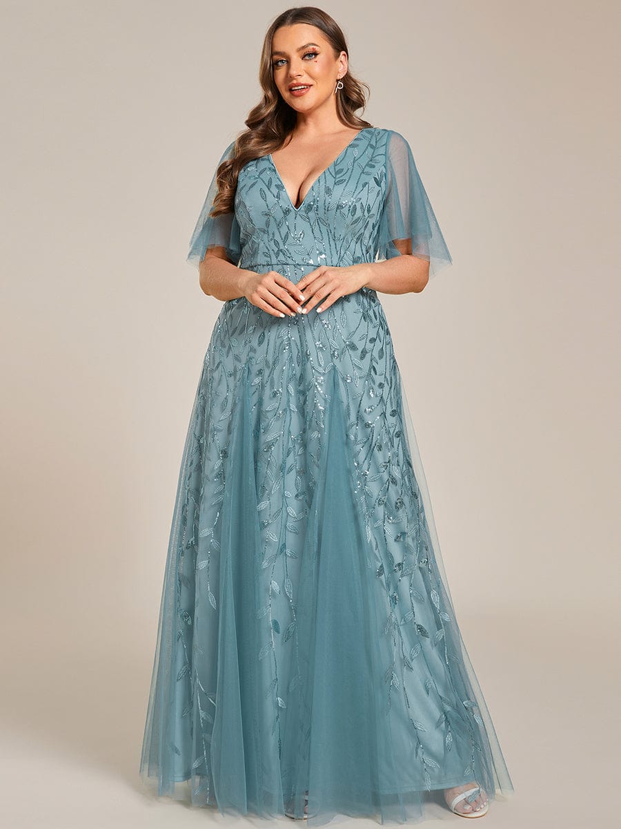 Custom Size Romantic Shimmery V Neck Ruffle Sleeves Maxi Long Evening Gowns #color_Dusty blue