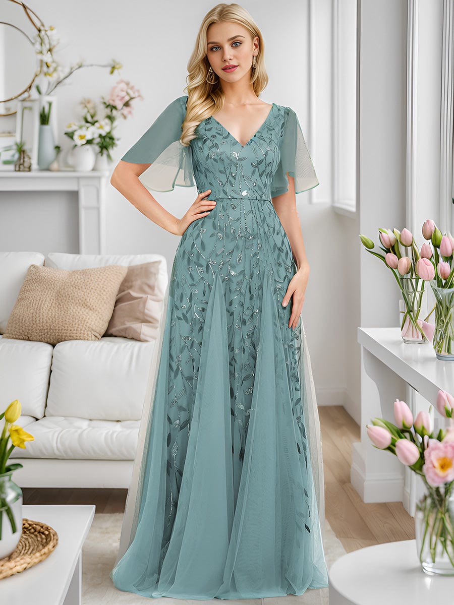 Custom Size Romantic Shimmery V Neck Ruffle Sleeves Maxi Long Evening Gowns #color_Dusty blue