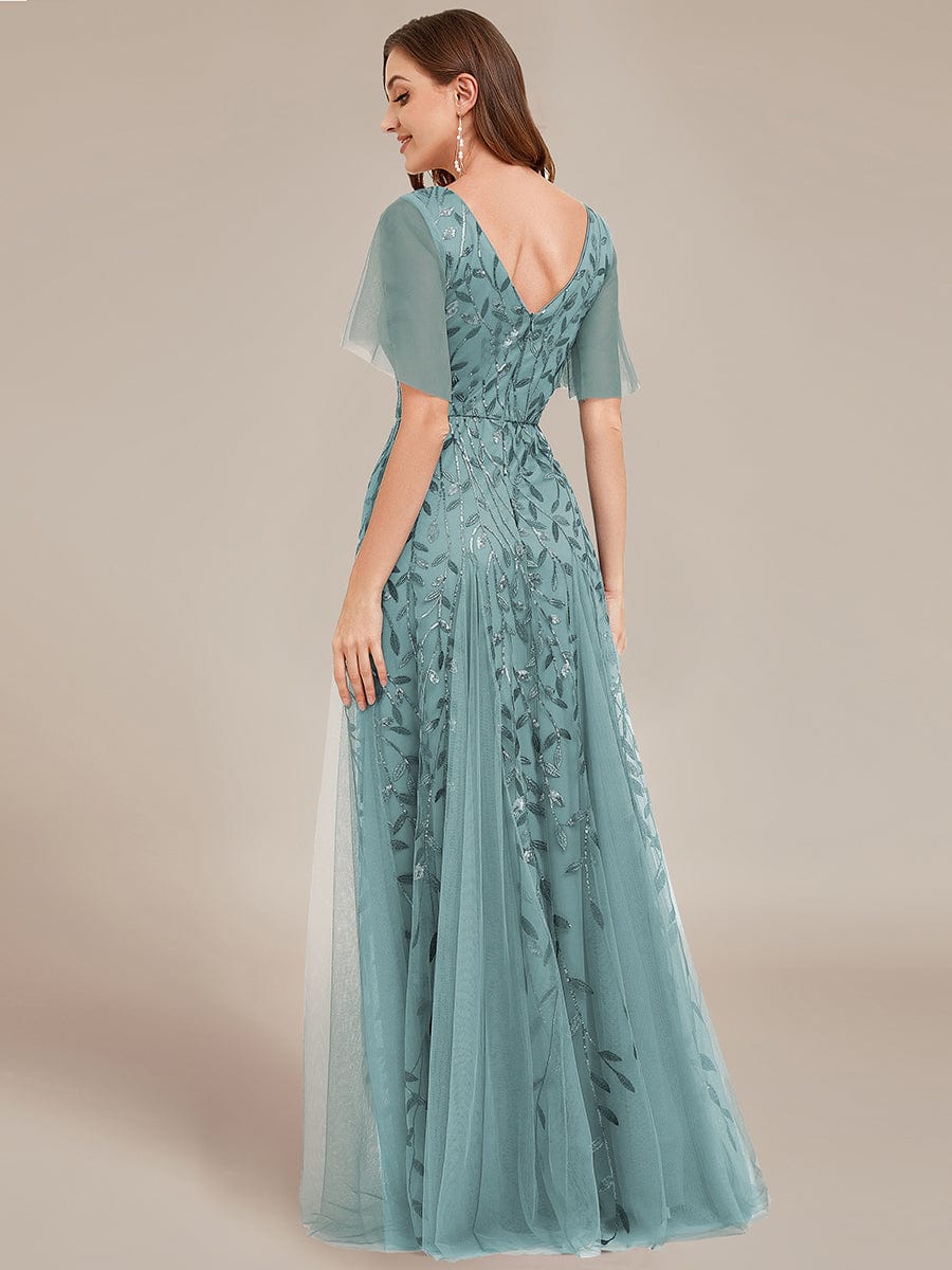 Romantic Shimmery V Neck Ruffle Sleeves Maxi Long Evening Gowns #color_Dusty Blue