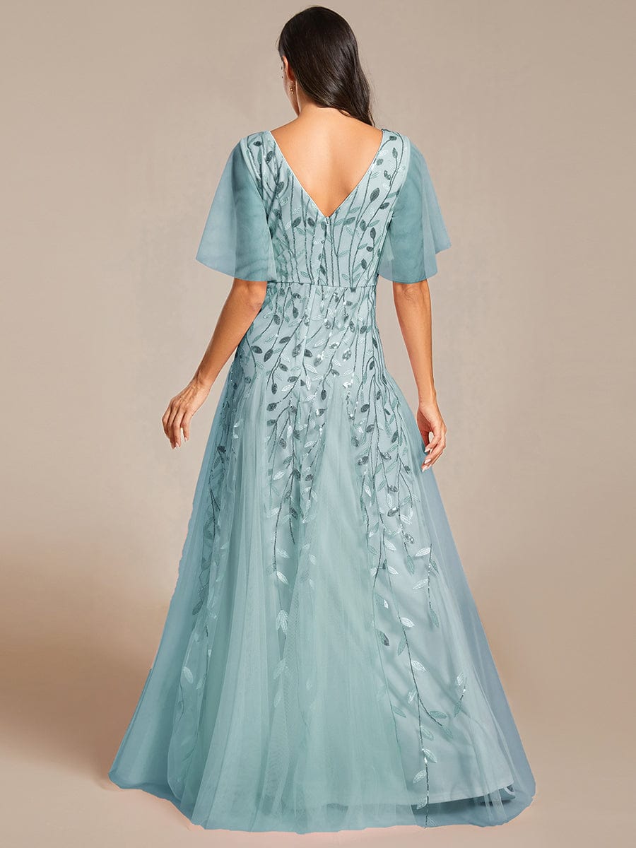 Custom Size Romantic Shimmery V Neck Ruffle Sleeves Maxi Long Evening Gowns #color_Dusty blue