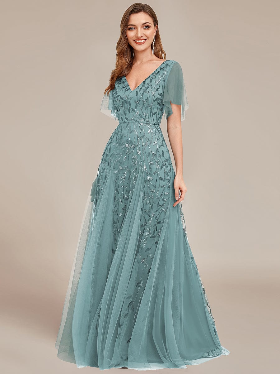 Romantic Shimmery V Neck Ruffle Sleeves Maxi Long Evening Gowns #color_Light Teal