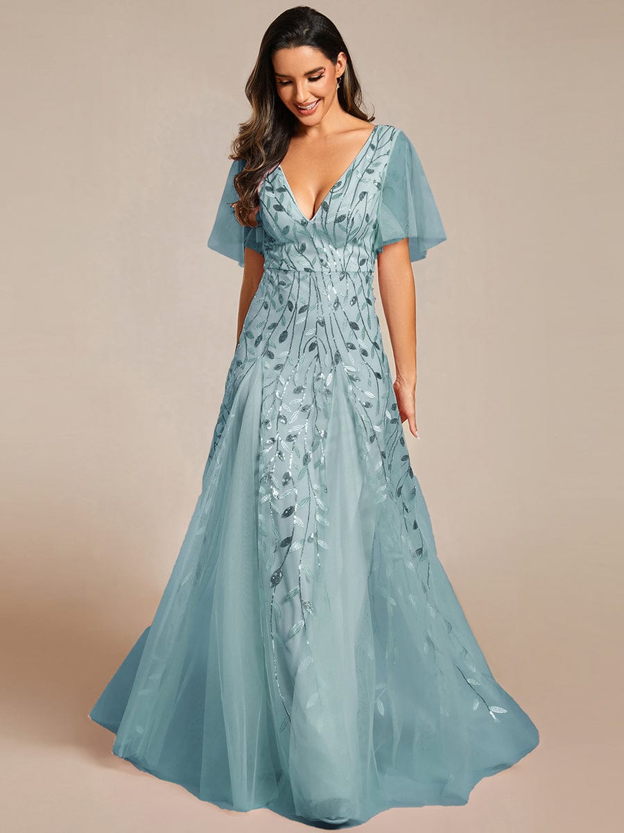 Custom Size Romantic Shimmery V Neck Ruffle Sleeves Maxi Long Evening Gowns #color_Dusty blue