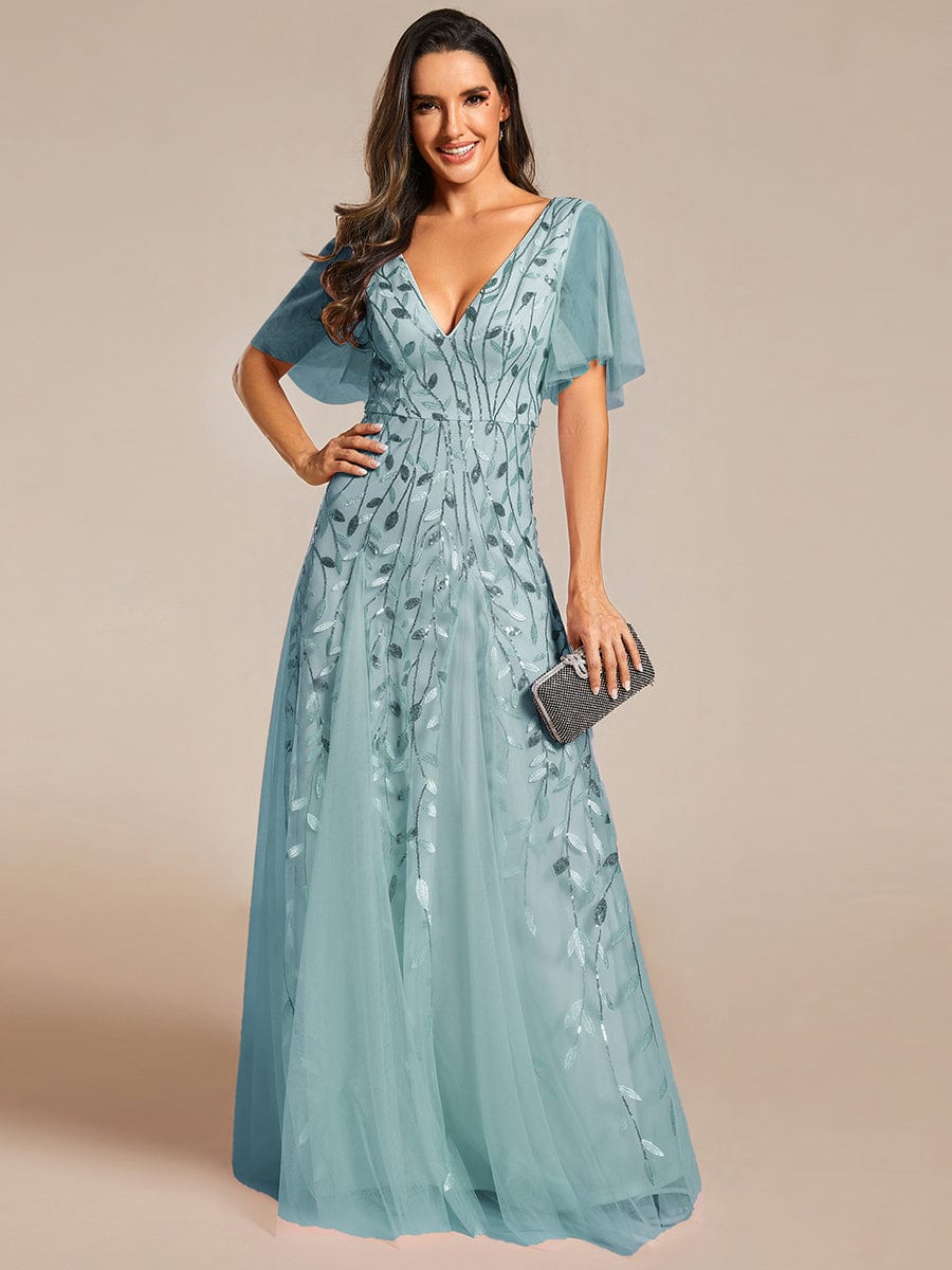 Custom Size Romantic Shimmery V Neck Ruffle Sleeves Maxi Long Evening Gowns #color_Dusty blue