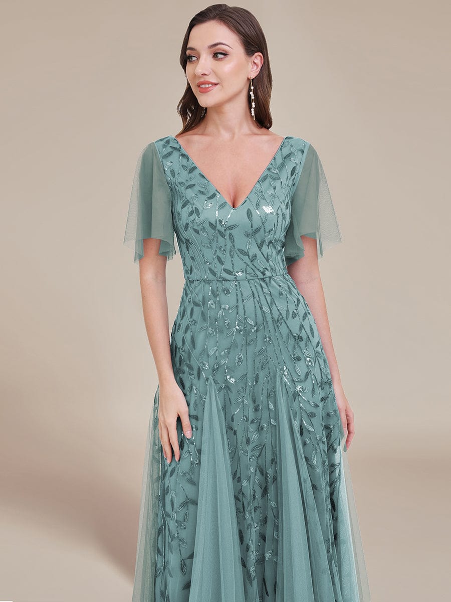 Romantic Shimmery V Neck Ruffle Sleeves Maxi Long Evening Gowns #color_Light Teal