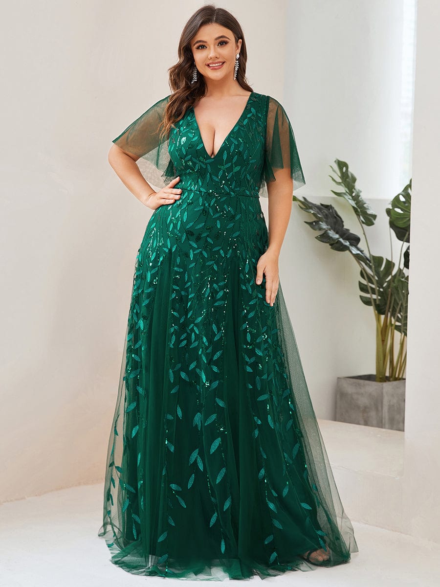 Romantic Shimmery V Neck Ruffle Sleeves Maxi Long Evening Gowns #color_Dark Green