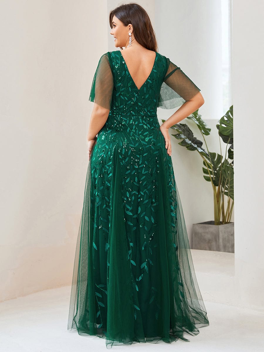 Romantic Shimmery V Neck Ruffle Sleeves Maxi Long Evening Gowns #color_Dark Green