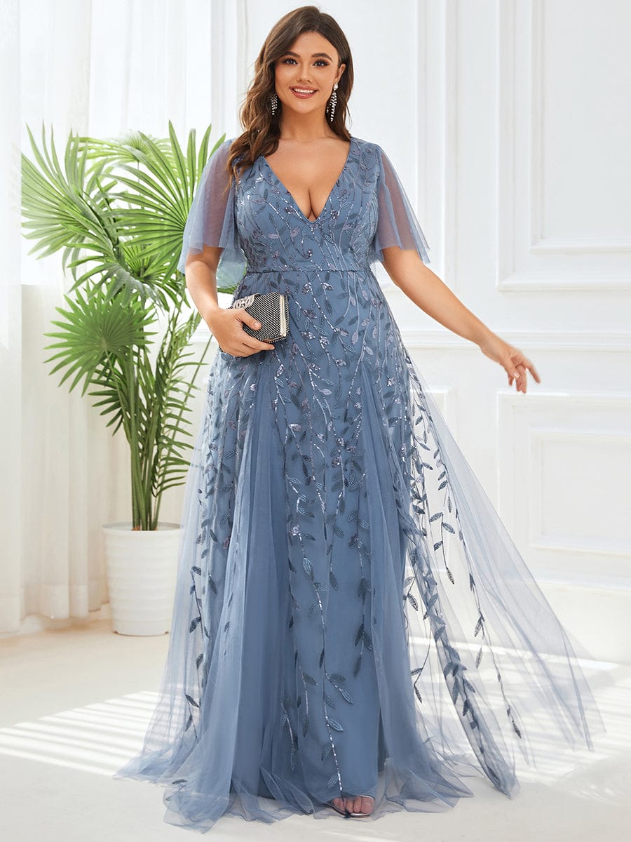 Romantic Shimmery V Neck Ruffle Sleeves Maxi Long Evening Gowns #color_Dusty Navy