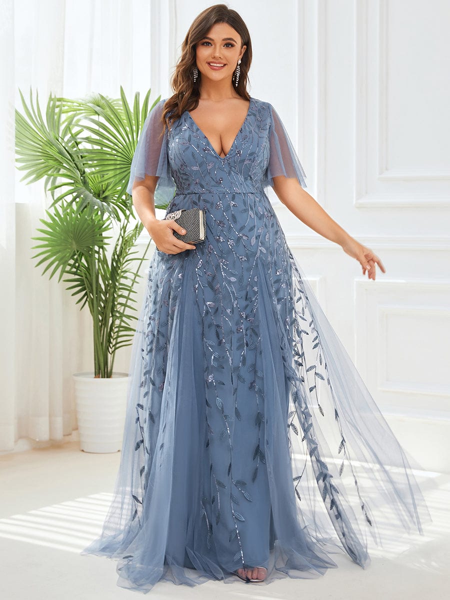 Romantic Shimmery V Neck Ruffle Sleeves Maxi Long Evening Gowns #color_Dusty Blue