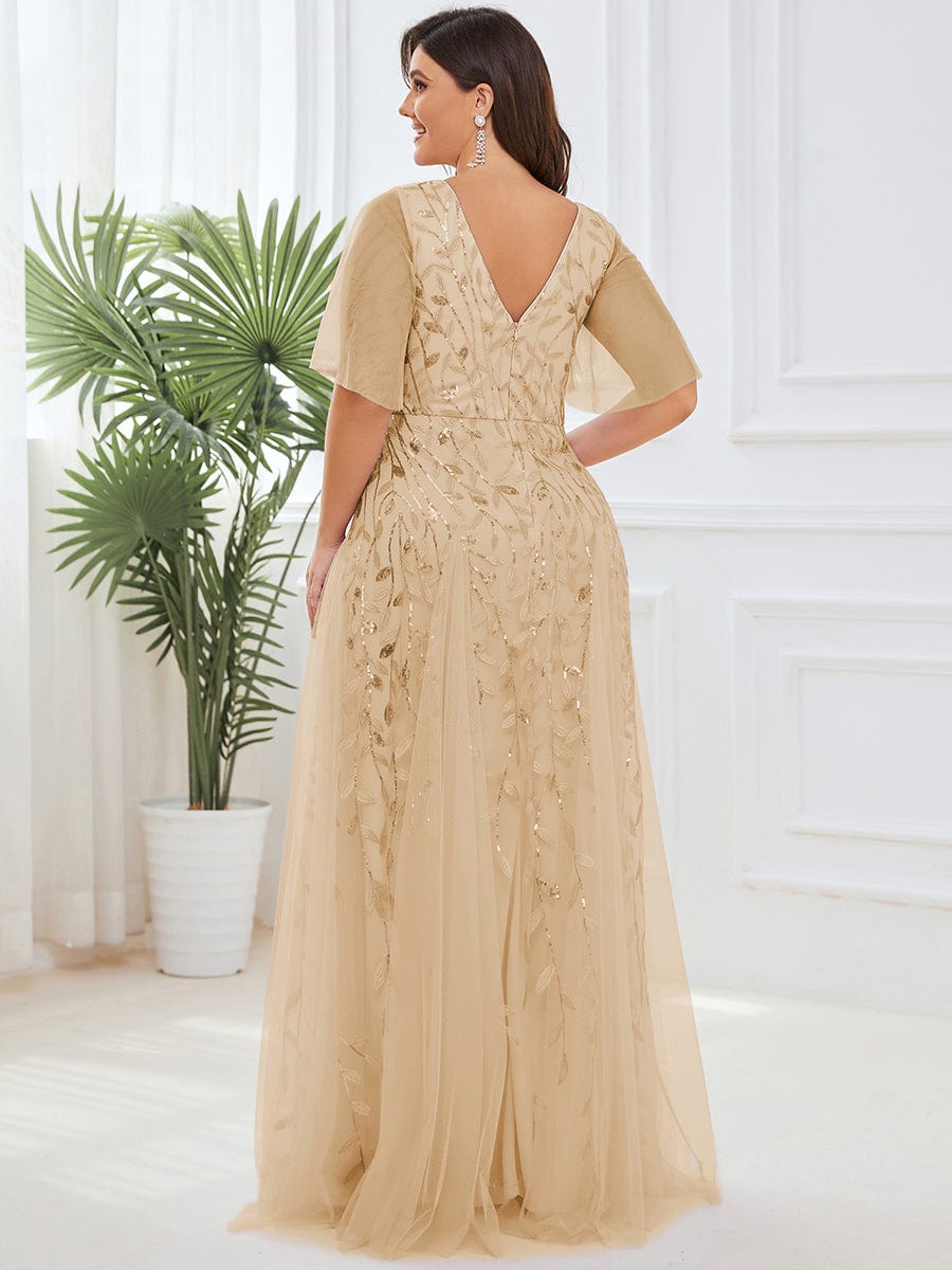 Custom Size Romantic Shimmery V Neck Ruffle Sleeves Maxi Long Evening Gowns #color_Gold