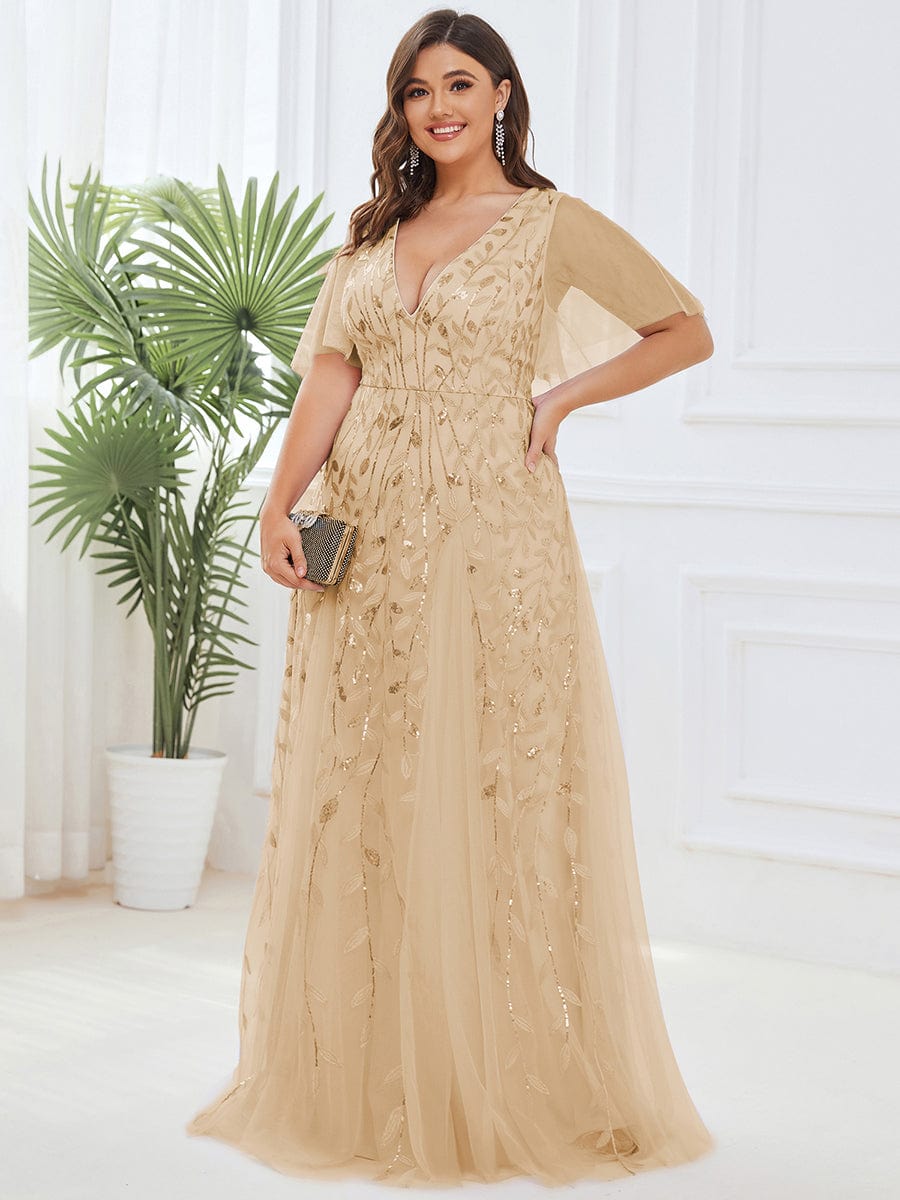 Custom Size Romantic Shimmery V Neck Ruffle Sleeves Maxi Long Evening Gowns #color_Gold