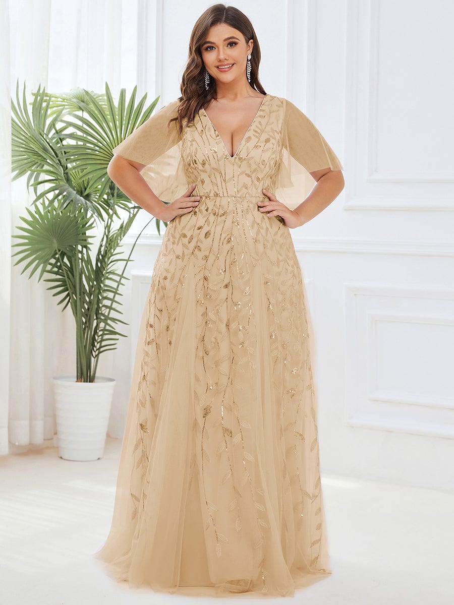 Romantic Shimmery V Neck Ruffle Sleeves Maxi Long Evening Gowns #color_Gold