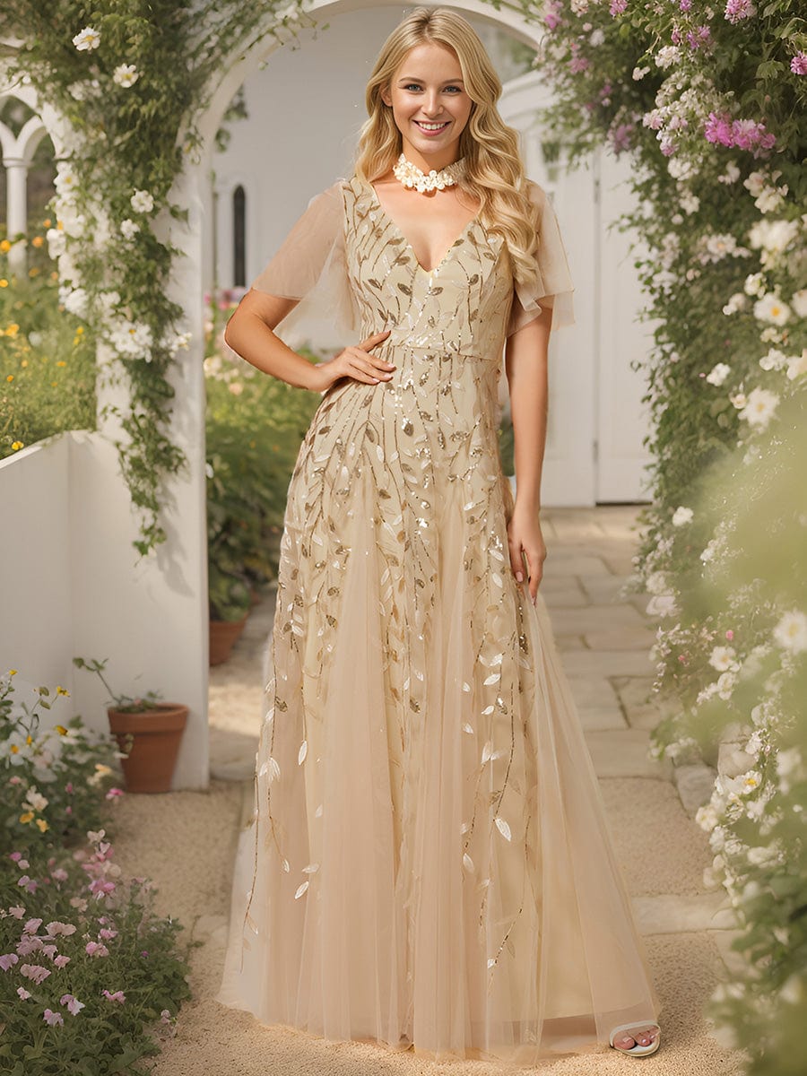 Custom Size Romantic Shimmery V Neck Ruffle Sleeves Maxi Long Evening Gowns #color_Gold