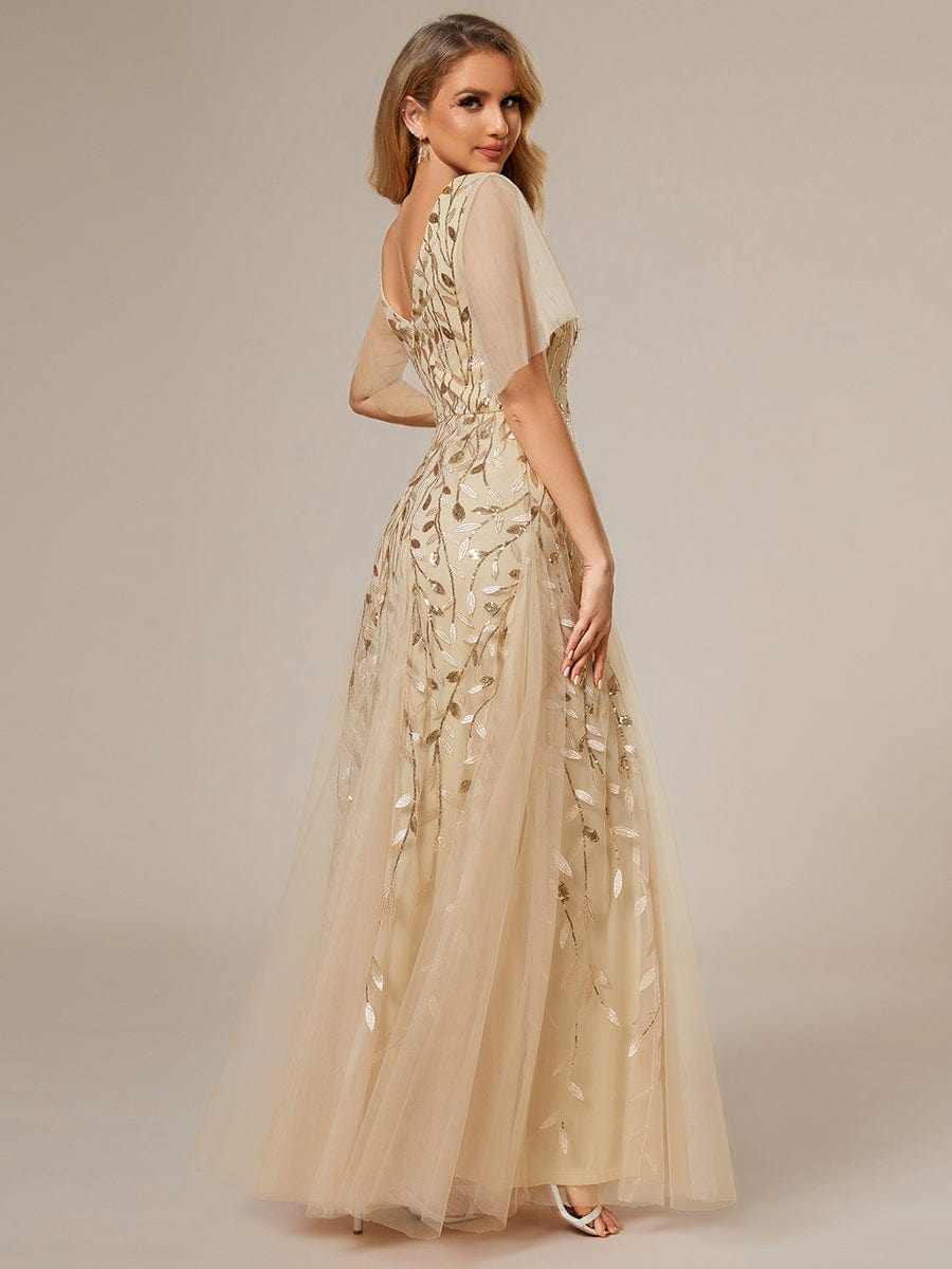 Romantic Shimmery V Neck Ruffle Sleeves Maxi Long Evening Gowns #color_Gold