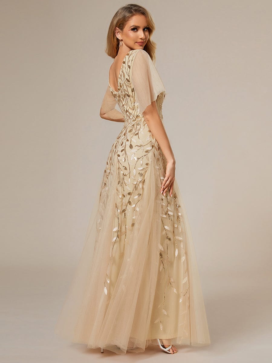 Custom Size Romantic Shimmery V Neck Ruffle Sleeves Maxi Long Evening Gowns #color_Gold