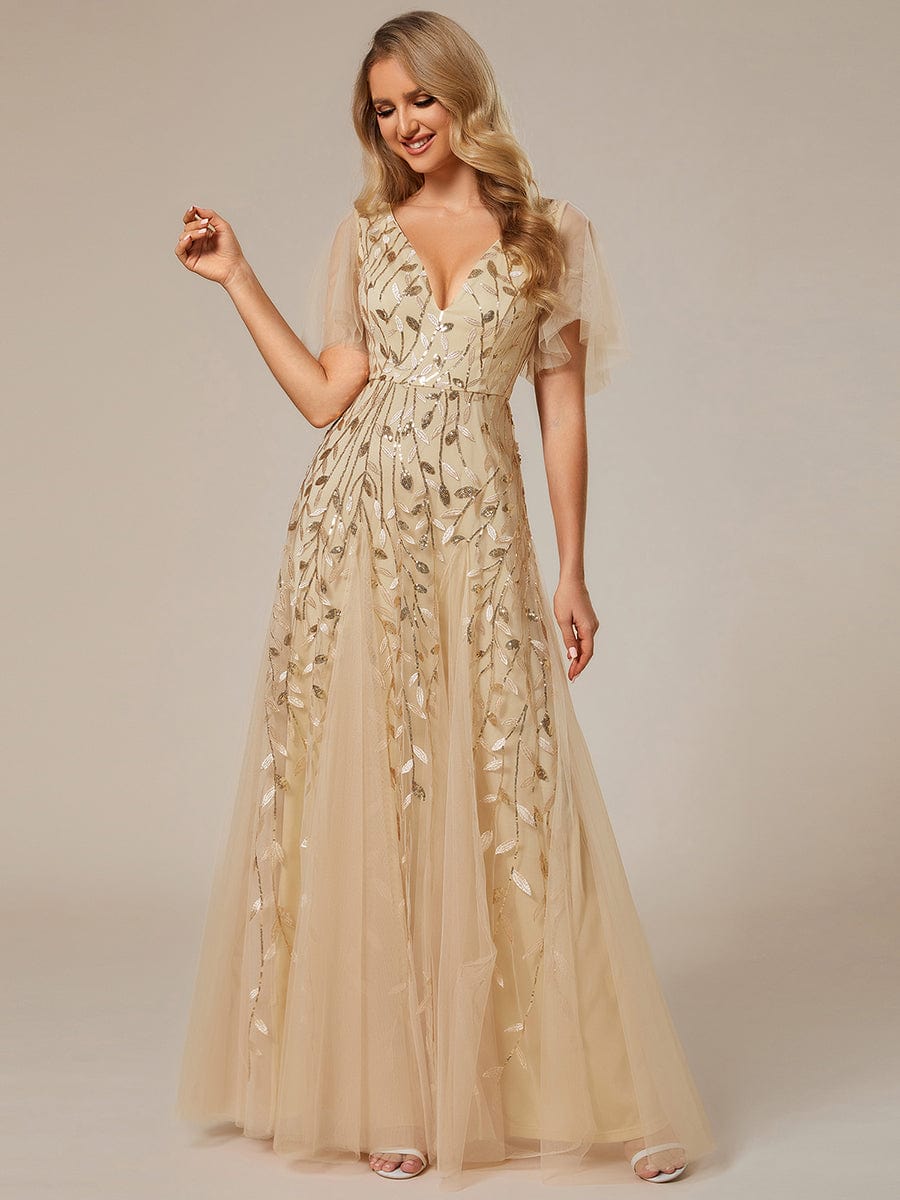 Custom Size Romantic Shimmery V Neck Ruffle Sleeves Maxi Long Evening Gowns #color_Gold