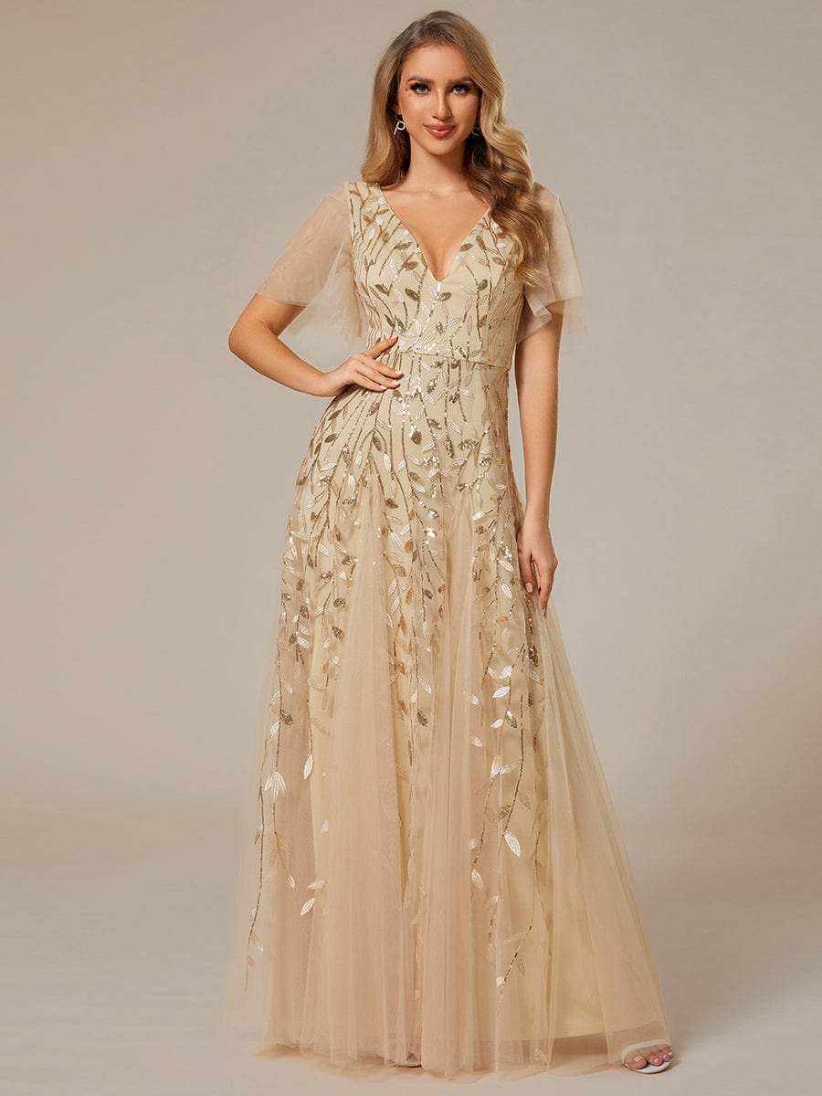 Romantic Shimmery V Neck Ruffle Sleeves Maxi Long Evening Gowns #color_Gold