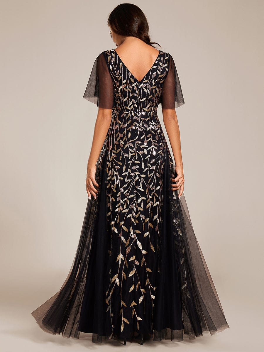 Romantic Shimmery V Neck Ruffle Sleeves Maxi Long Evening Gowns #color_Black & Gold