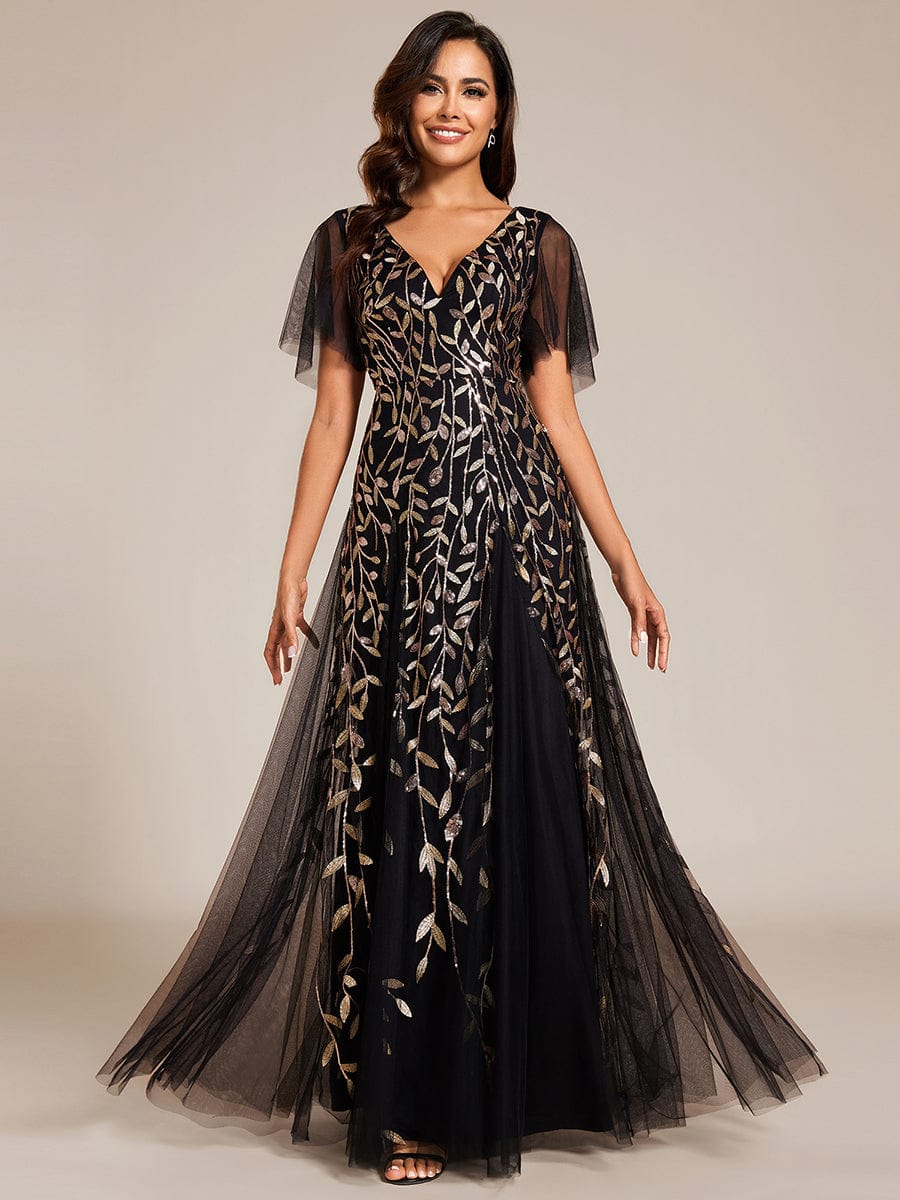 Romantic Shimmery V Neck Ruffle Sleeves Maxi Long Evening Gowns #color_Black & Gold