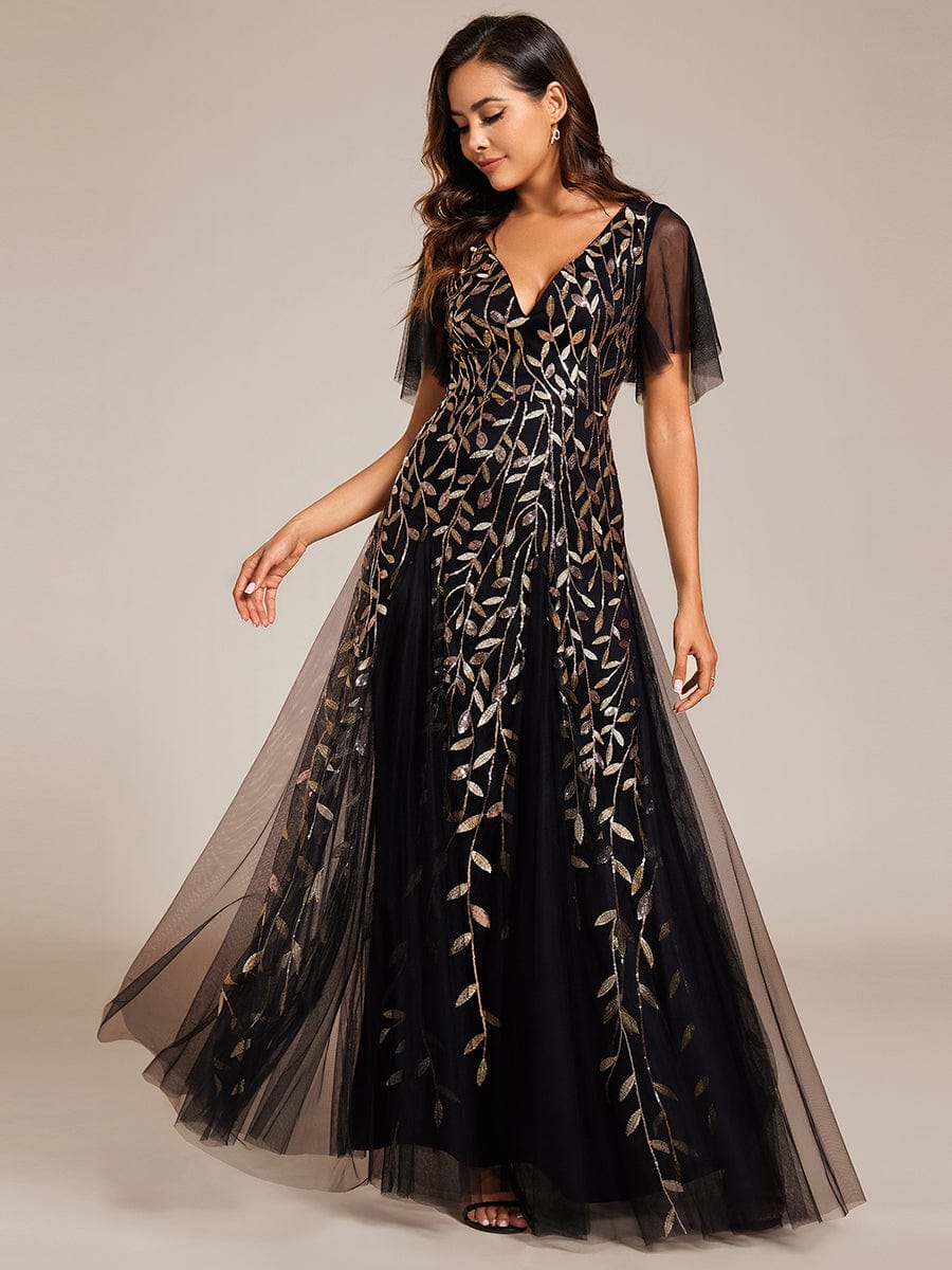 Romantic Shimmery V Neck Ruffle Sleeves Maxi Long Evening Gowns #color_Black & Gold