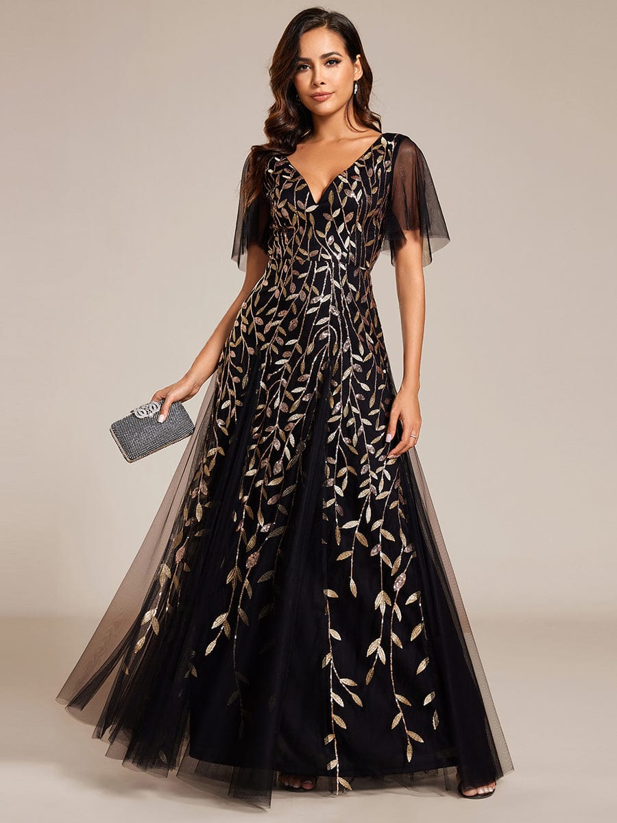 Plus Size romantic shimmery v neck ruffle sleeves evening gown #color_Black & Gold