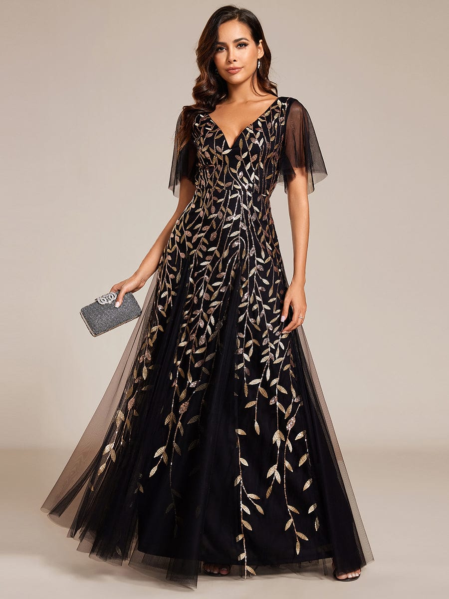 Romantic Shimmery V Neck Ruffle Sleeves Maxi Long Evening Gowns #color_Black & Gold