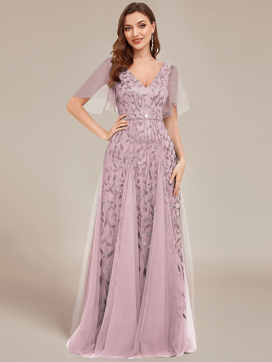 Custom Size Romantic Shimmery V Neck Ruffle Sleeves Maxi Long Evening Gowns #color_Lilac