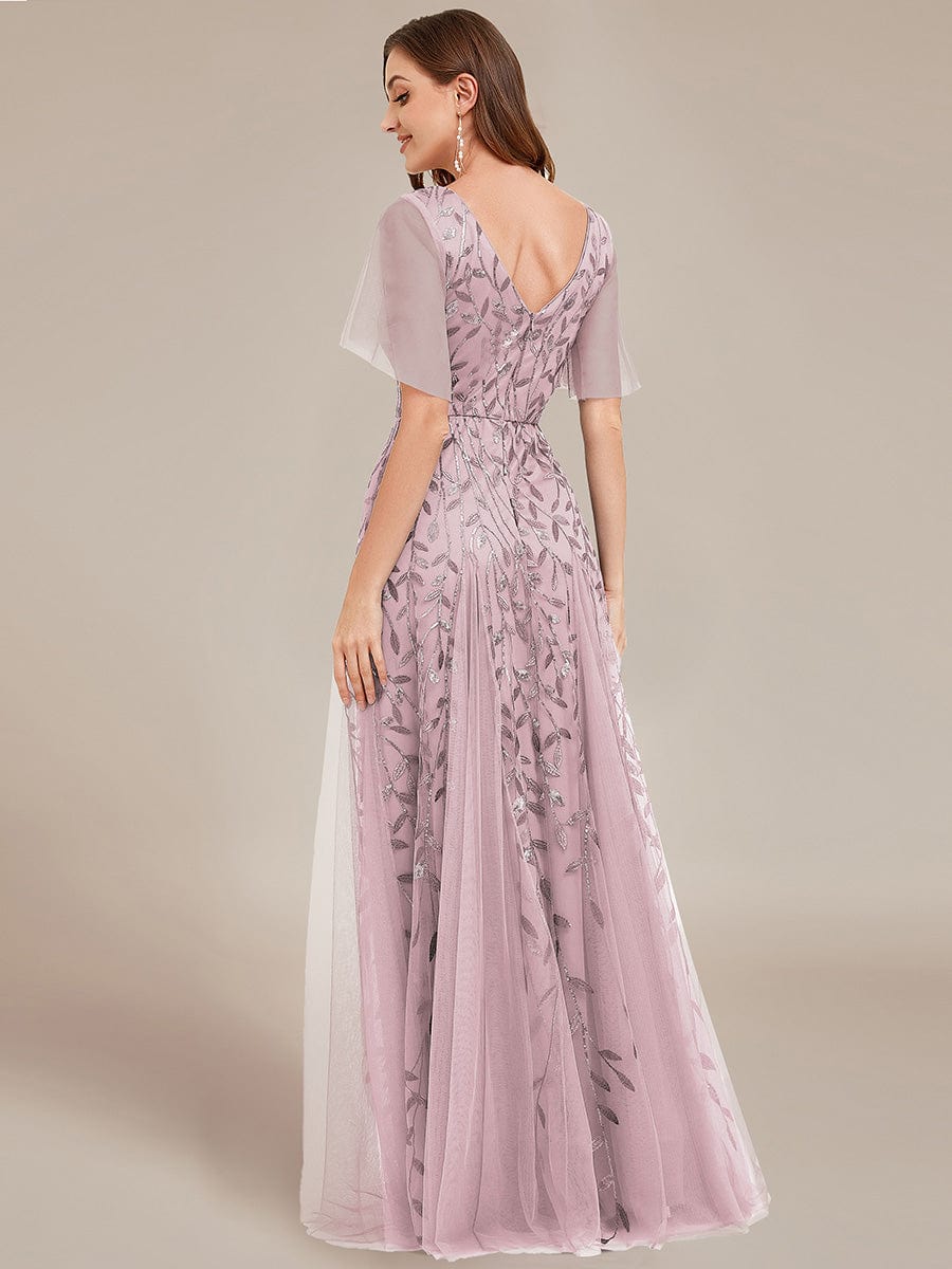 Custom Size Romantic Shimmery V Neck Ruffle Sleeves Maxi Long Evening Gowns #color_Lilac