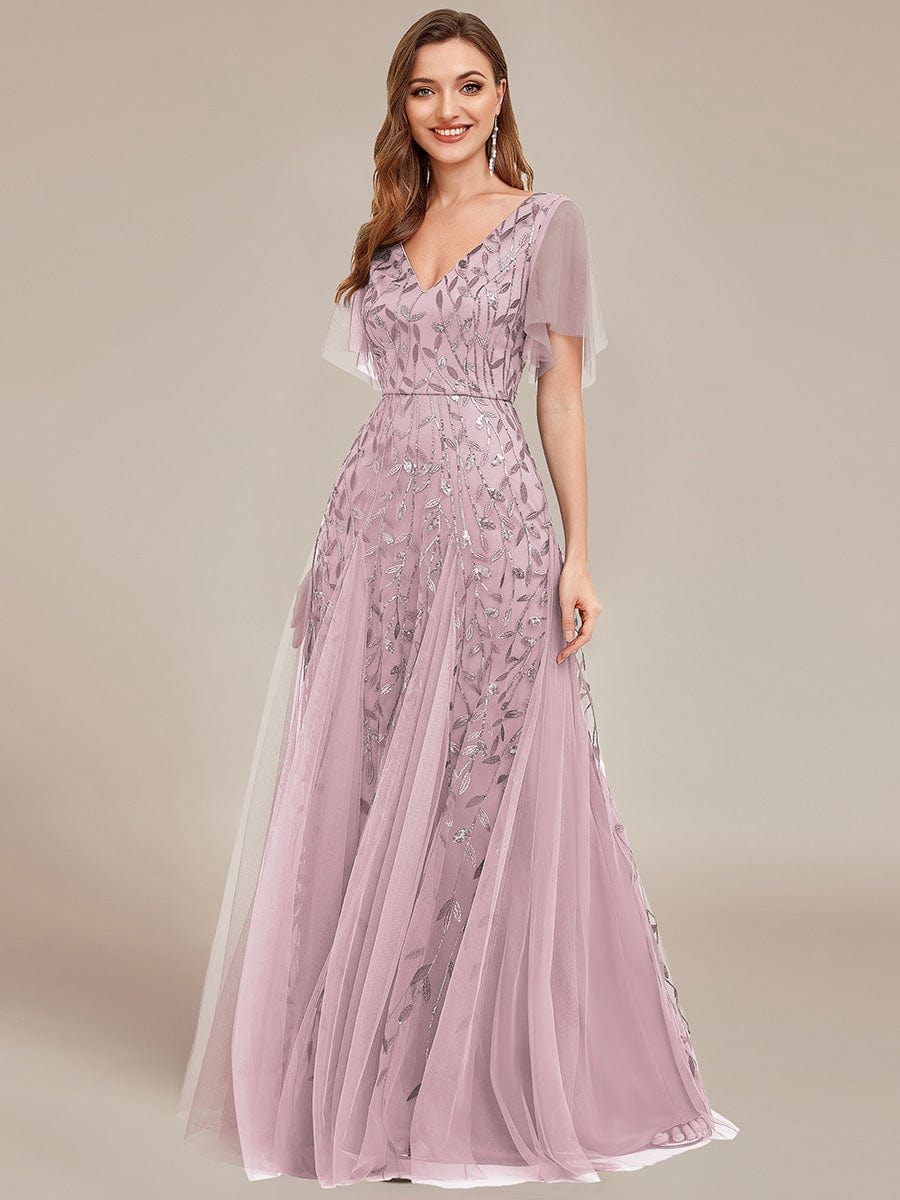 Custom Size Romantic Shimmery V Neck Ruffle Sleeves Maxi Long Evening Gowns #color_Lilac