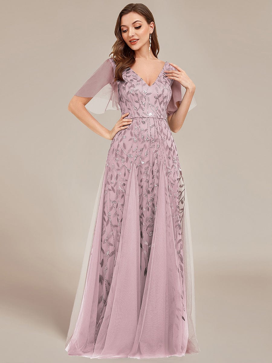 Custom Size Romantic Shimmery V Neck Ruffle Sleeves Maxi Long Evening Gowns #color_Lilac