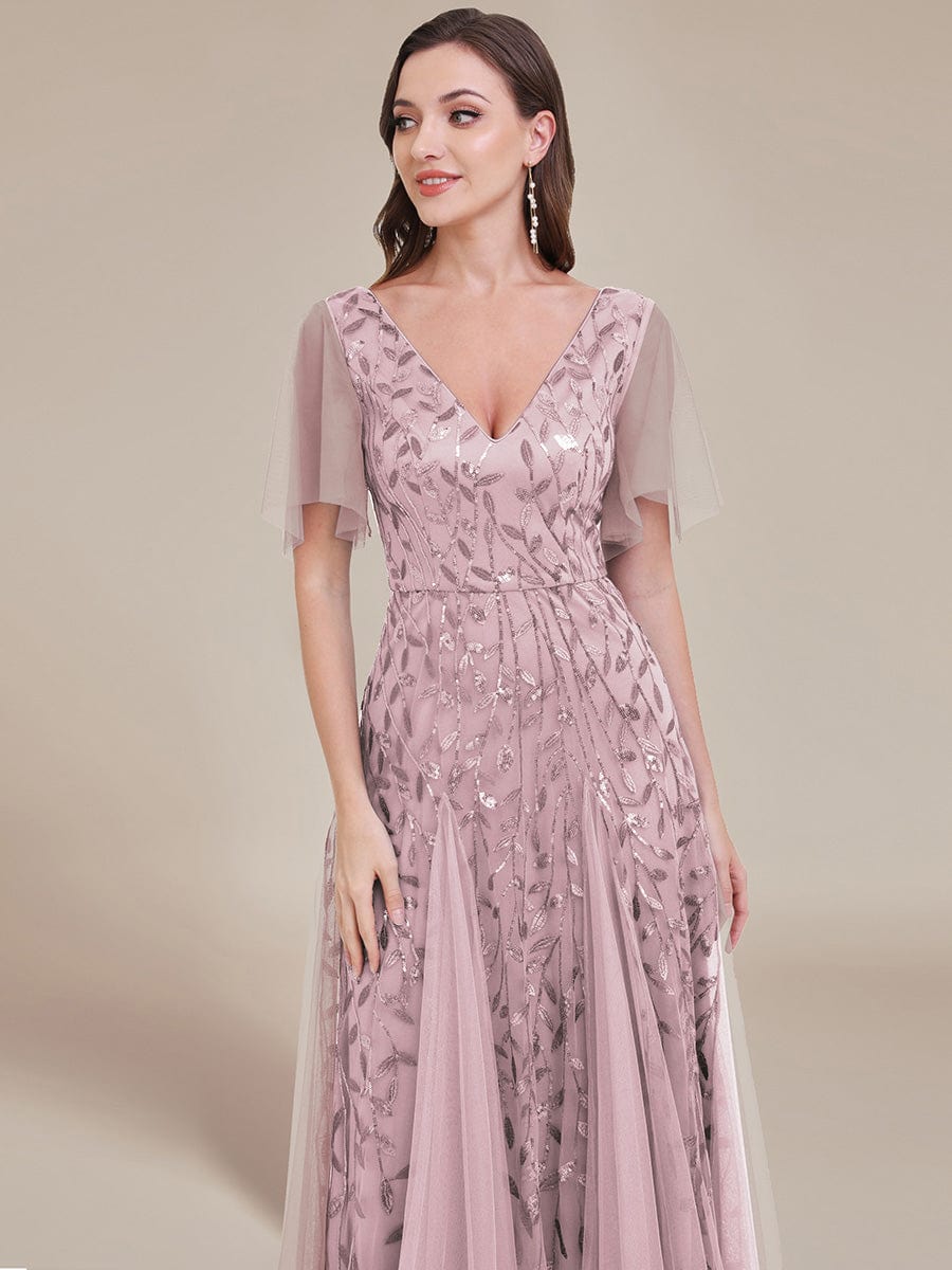 Custom Size Romantic Shimmery V Neck Ruffle Sleeves Maxi Long Evening Gowns #color_Lilac