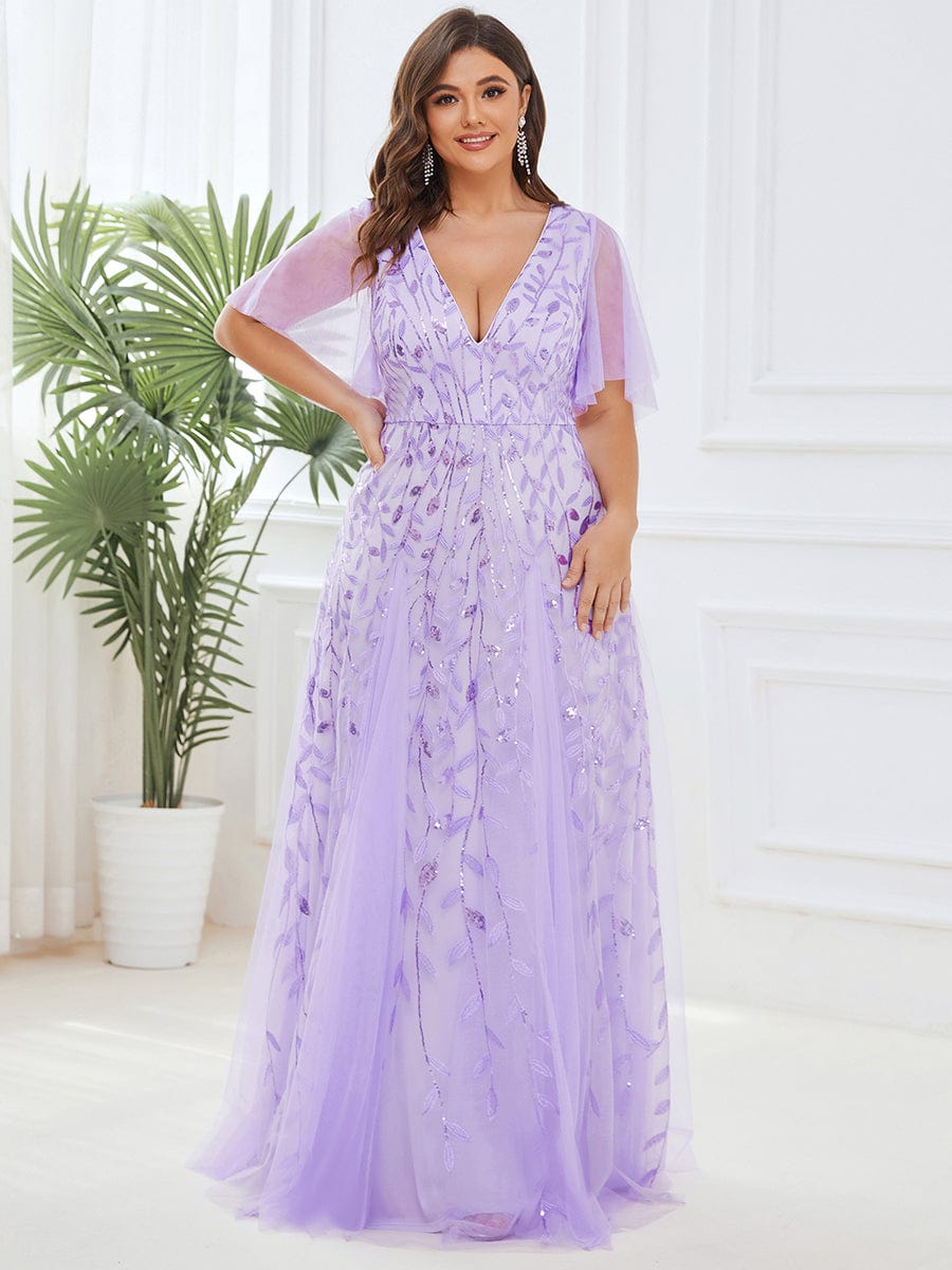 Romantic Shimmery V Neck Ruffle Sleeves Maxi Long Evening Gowns #color_Lavender