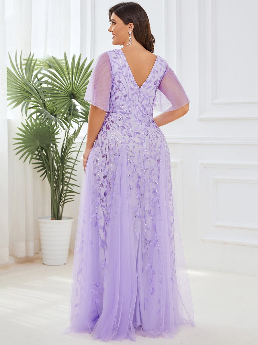 Romantic Shimmery V Neck Ruffle Sleeves Maxi Long Evening Gowns #color_Lavender