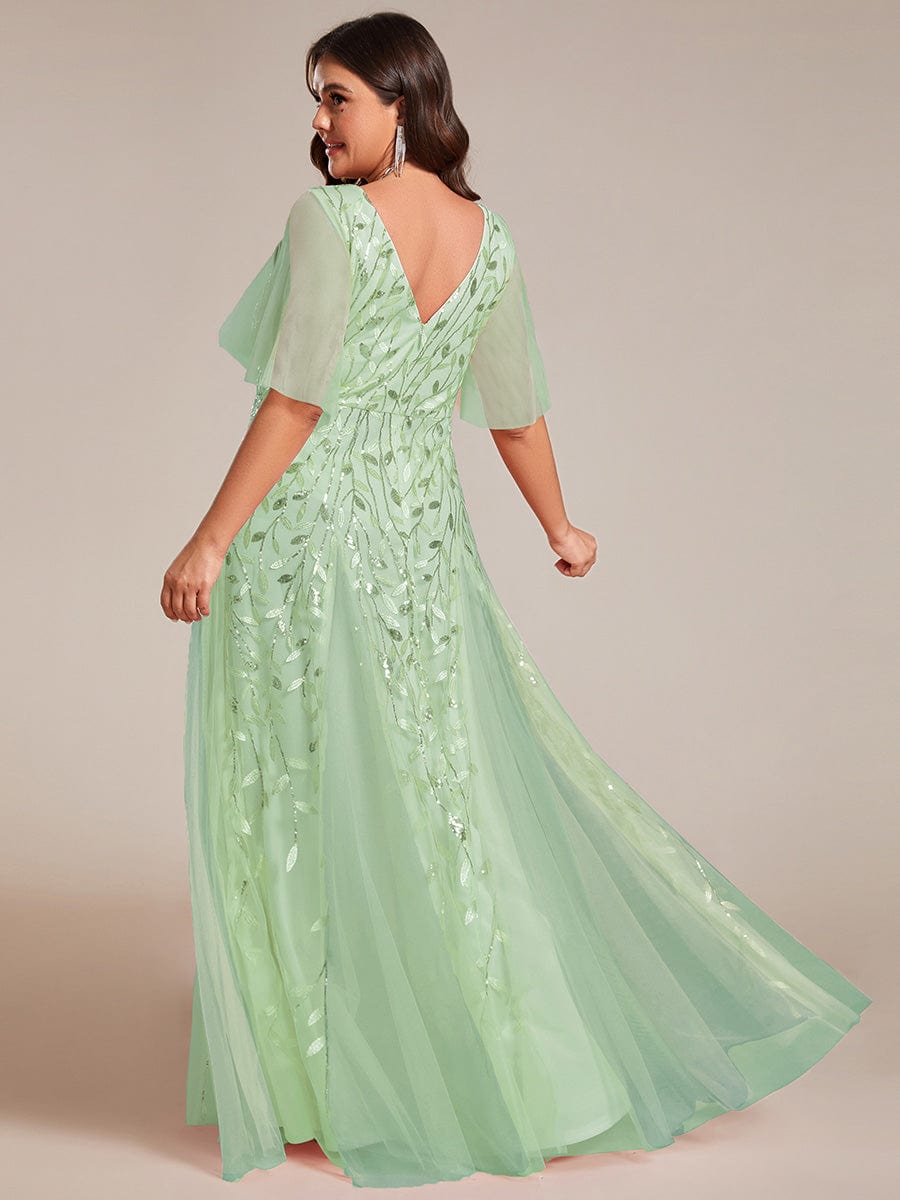 Custom Size Romantic Shimmery V Neck Ruffle Sleeves Maxi Long Evening Gowns #color_Mint Green