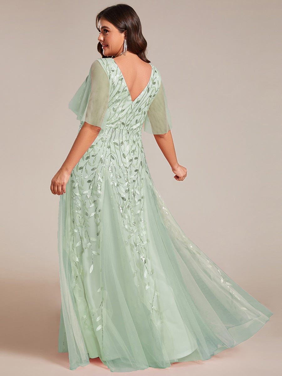 Romantic Shimmery V Neck Ruffle Sleeves Maxi Long Evening Gowns #color_Mint Green