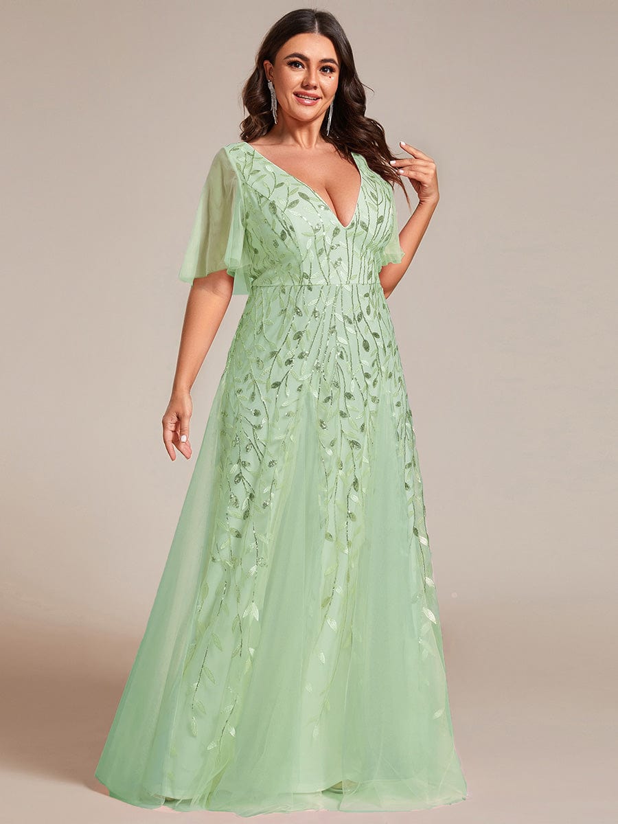 Custom Size Romantic Shimmery V Neck Ruffle Sleeves Maxi Long Evening Gowns #color_Mint Green