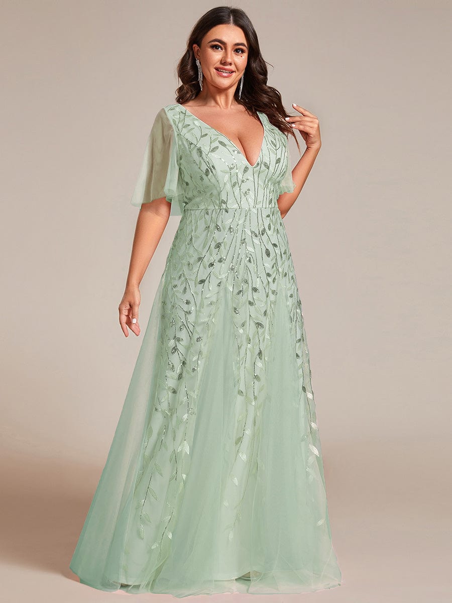 Plus Size romantic shimmery v neck ruffle sleeves evening gown #color_Mint Green