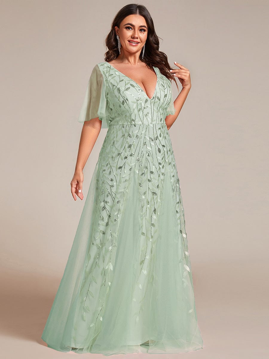 Romantic Shimmery V Neck Ruffle Sleeves Maxi Long Evening Gowns #color_Mint Green