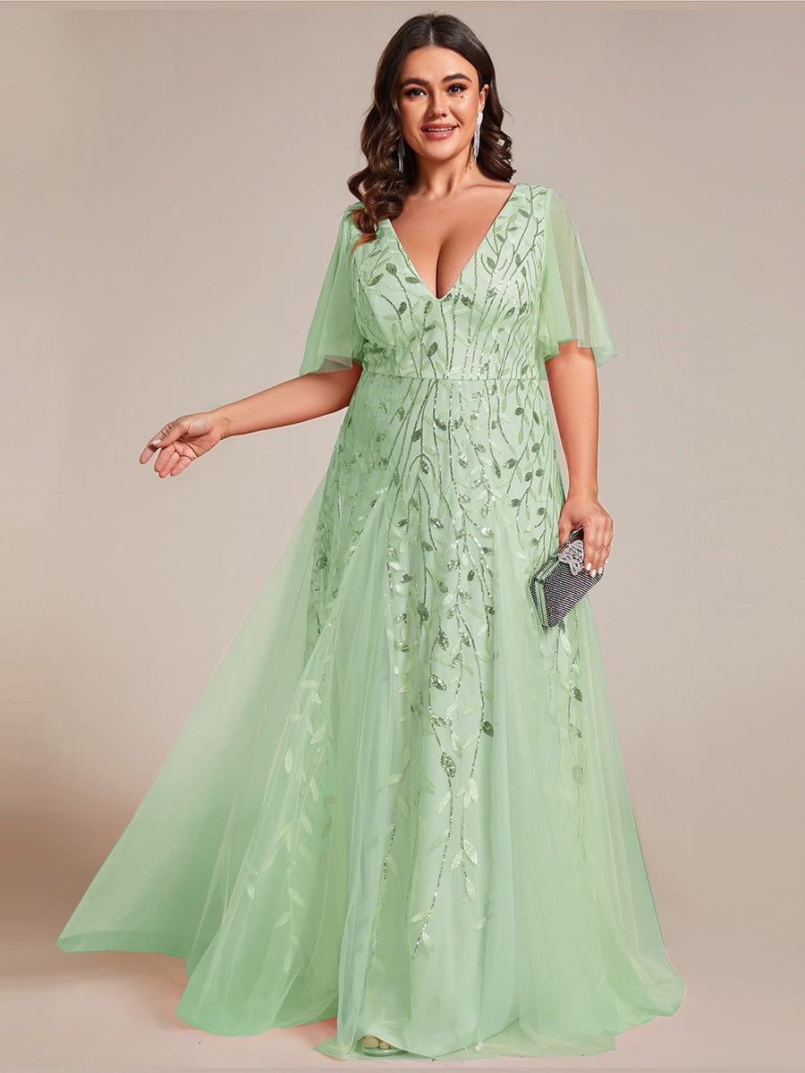 Custom Size Romantic Shimmery V Neck Ruffle Sleeves Maxi Long Evening Gowns #color_Mint Green