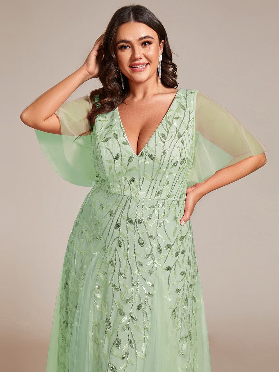 Custom Size Romantic Shimmery V Neck Ruffle Sleeves Maxi Long Evening Gowns #color_Mint Green