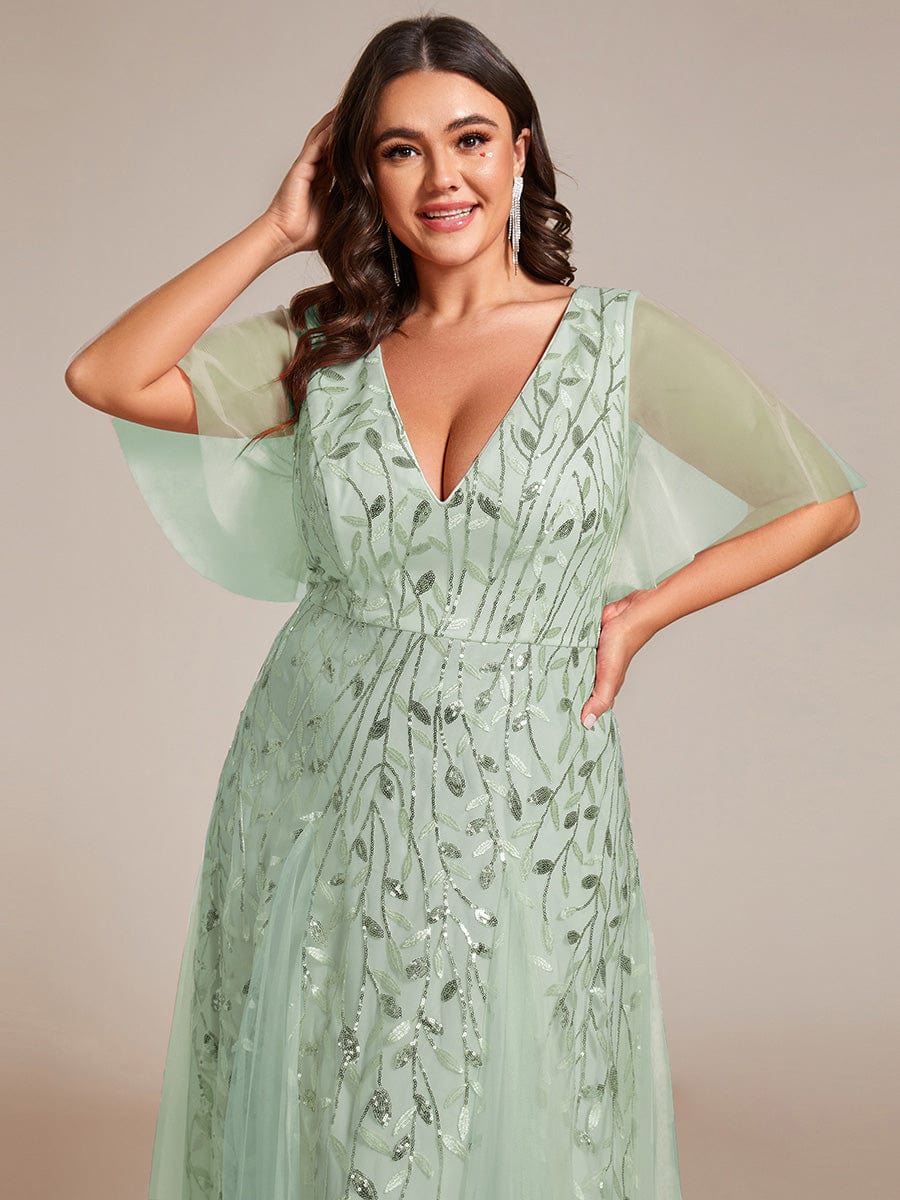 Plus Size romantic shimmery v neck ruffle sleeves evening gown #color_Mint Green