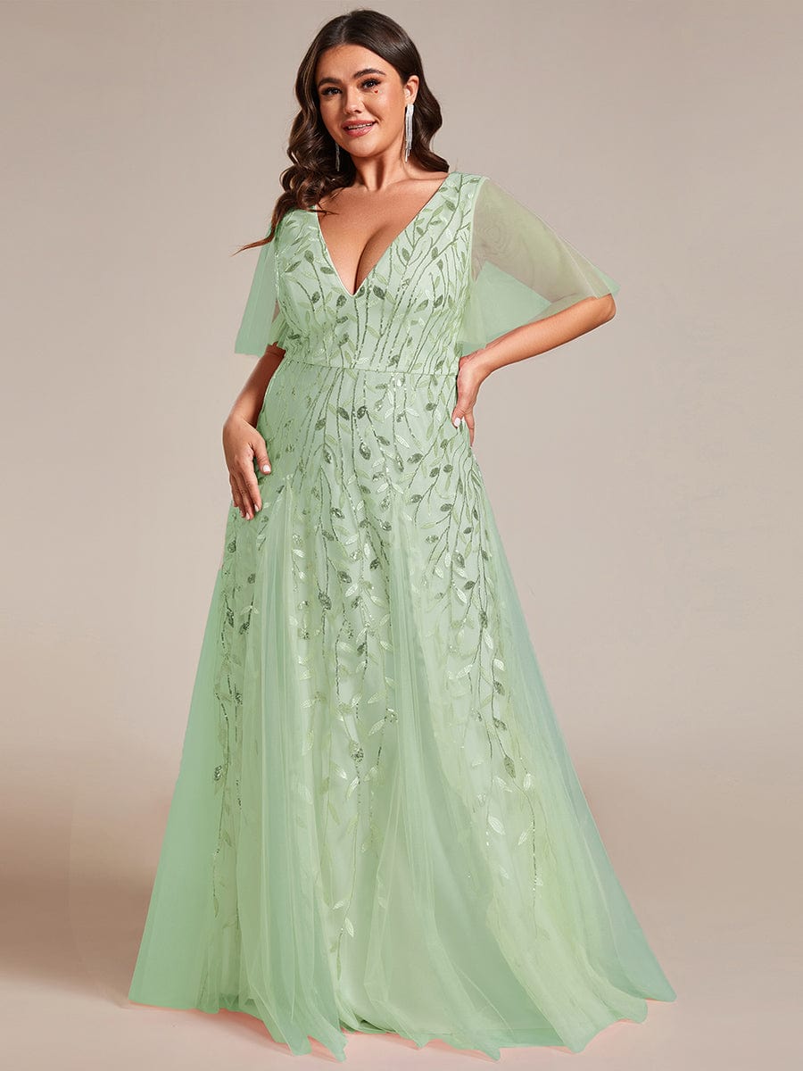 Custom Size Romantic Shimmery V Neck Ruffle Sleeves Maxi Long Evening Gowns #color_Mint Green