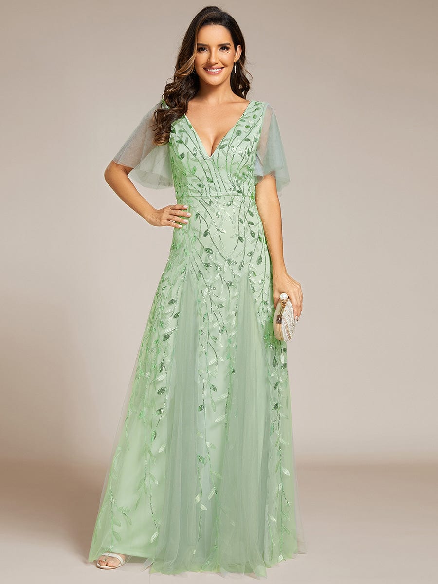 Custom Size Romantic Shimmery V Neck Ruffle Sleeves Maxi Long Evening Gowns #color_Mint Green