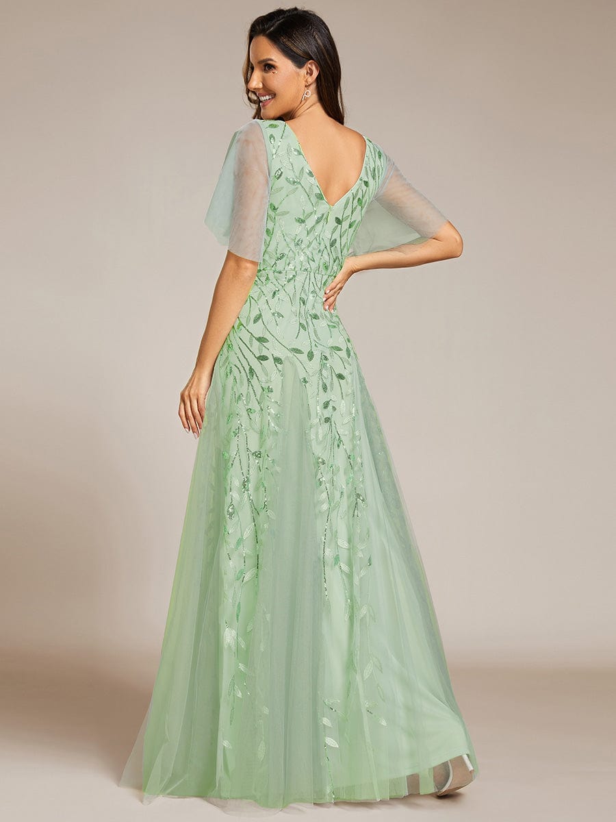 Custom Size Romantic Shimmery V Neck Ruffle Sleeves Maxi Long Evening Gowns #color_Mint Green