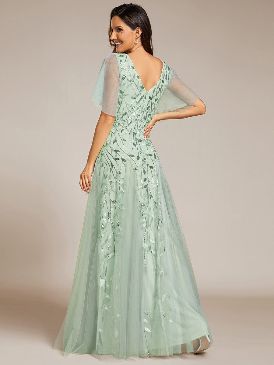 Romantic Shimmery V Neck Ruffle Sleeves Maxi Long Evening Gowns #color_Mint Green